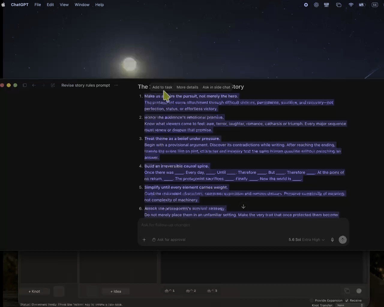 Selected lines in an AI chat, ready to keep as working material.