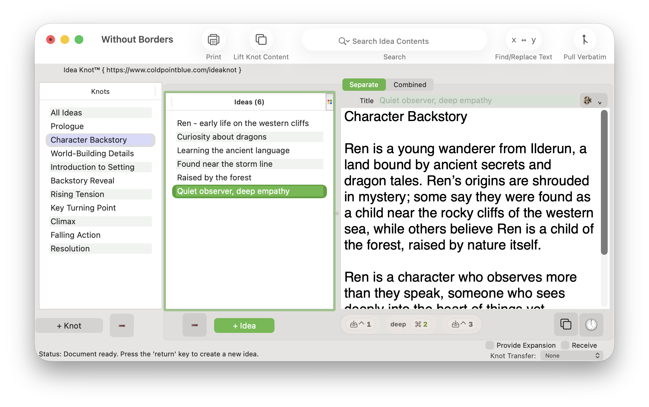 Idea Knot showing Character Backstory thoughts beside the writing they support