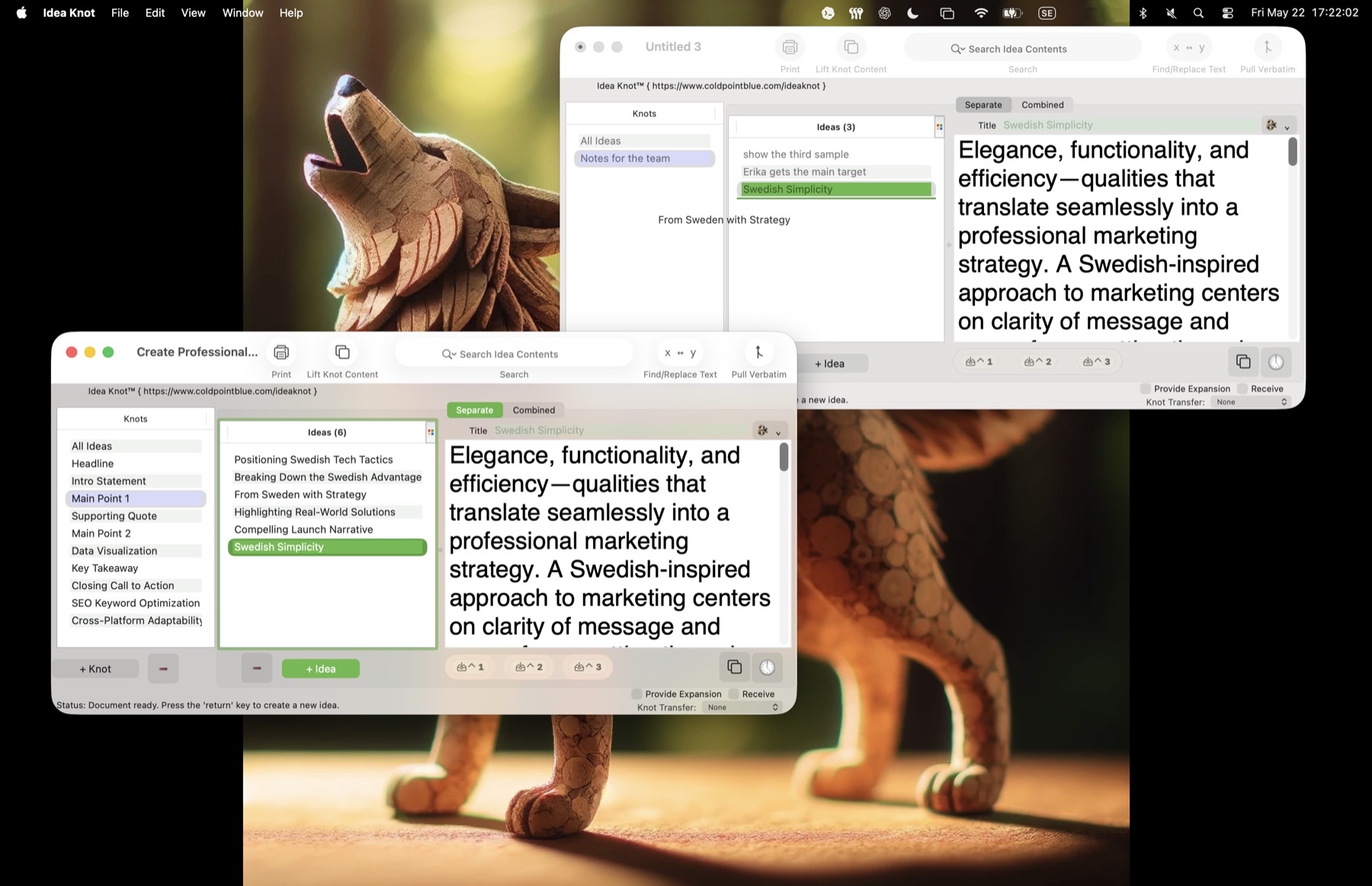 Two Idea Knot documents open on a Mac, ready to move selected writing from an earlier document into a new one.