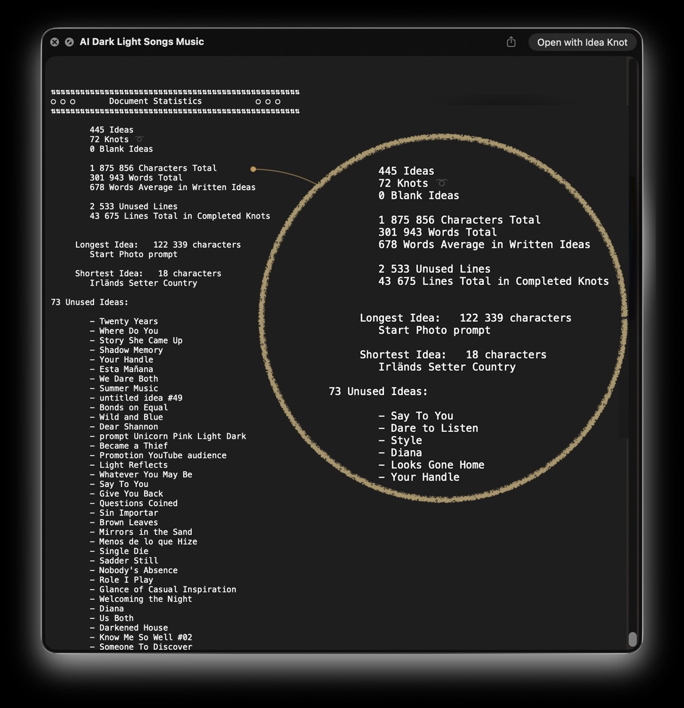 Finder Quick Look preview showing Idea Knot document statistics and unused ideas.