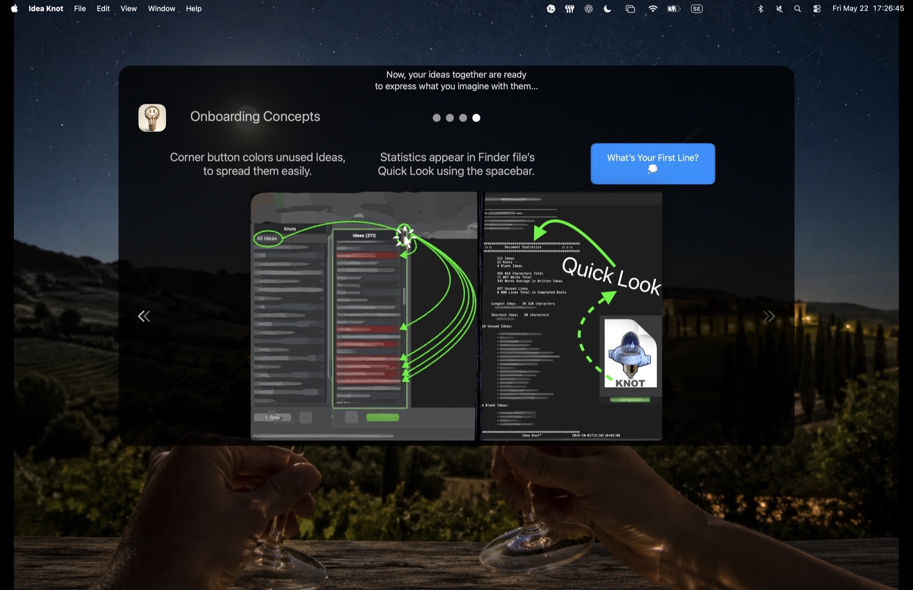 Idea Knot onboarding screen explaining unused ideas and Finder Quick Look.